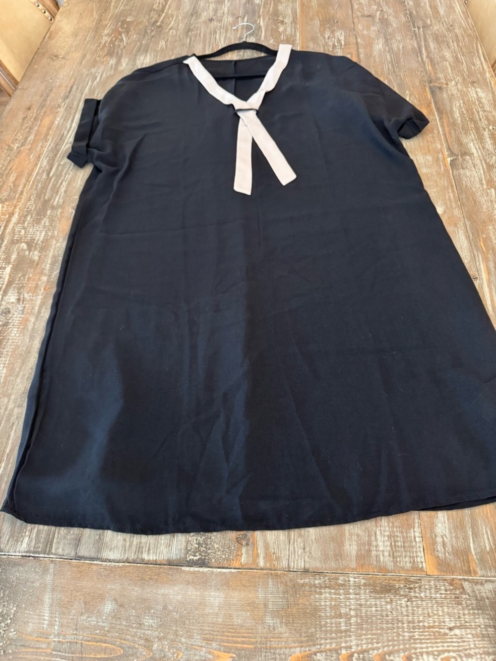 Black Shift Dress with Cream Tie Neck